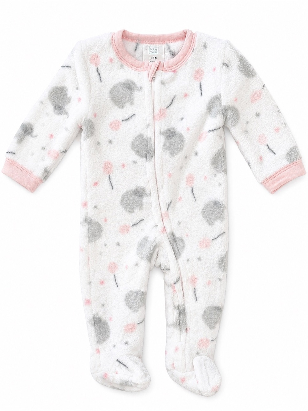 Baby Soft Floral Fleece Footed One-Piece - White, Pink & Gray